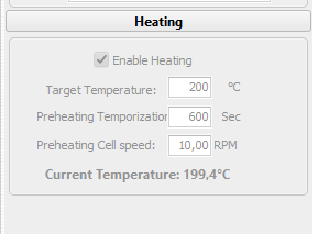 snapshot of the software with the heating parameters